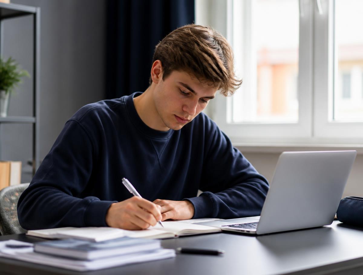 Student bereidt zich voor op het examen Beveiliging met oefenvragen op laptop
